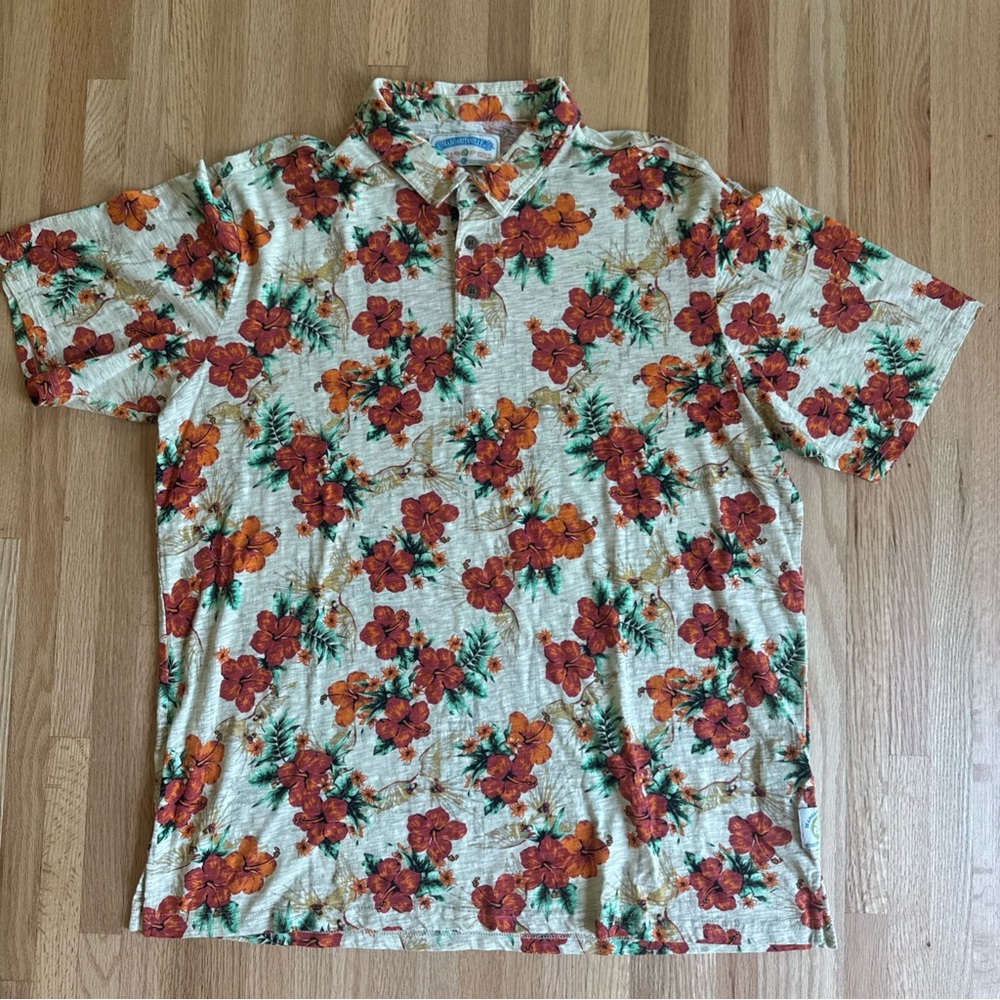Margaritaville Mens Floral Polo Shirt XL Hibiscus Jimmy Buffett  100% Cotton ￼